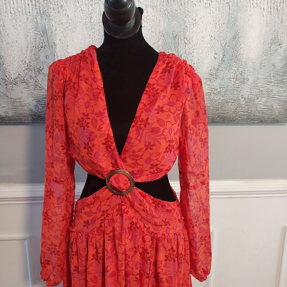 VICI Floral Orange and Pink Maxi Dress Cut-out detail Sz-L - Picture 3 of 7